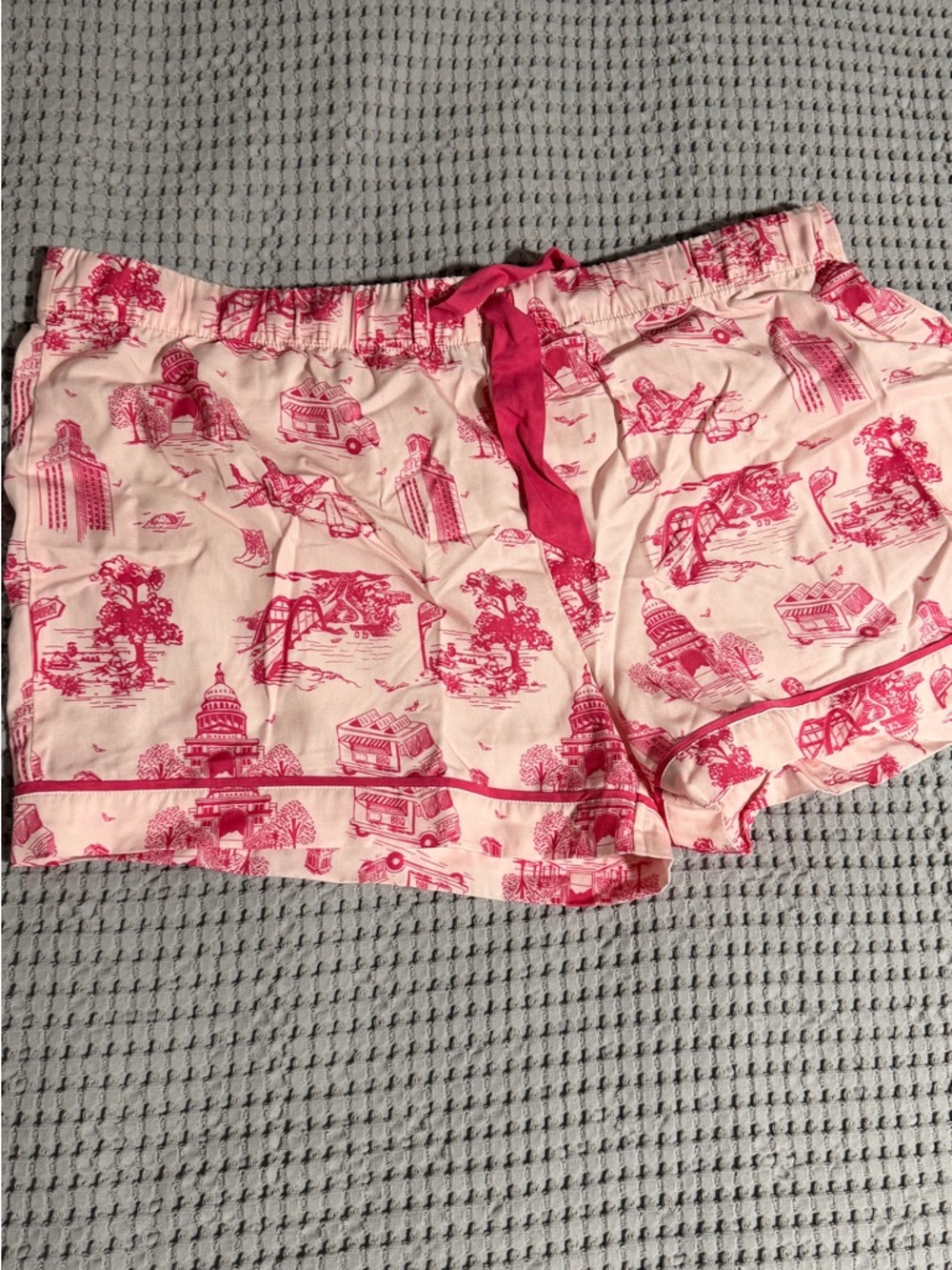 Katie Kime Women’s Austin Print Pink Cotton PJs Top, shorts, and bag.